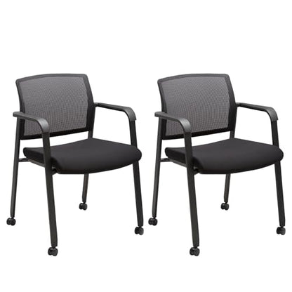 CLATINA Black Waiting Room Chair with Wheels Mesh Back Stacking Arm Chairs with Upholstered Fabric Seat and Ergonomic Lumbar Support for Office School Church Guest Reception, Set of 2