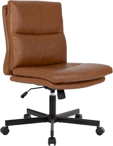 LUCKWIND Armless Office Desk Chair with Wheels, Mid-Back Criss Cross Swivel Task Chair, Height Adjustable Cushioned Vanity Chair, Double Padded PU-Leather Chairs for Home, Office & Bedroom (Brown) - color: Brown