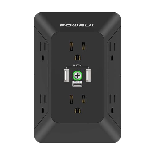 3 Sided Surge Protector Power Strip - POWRUI 6 Outlet Extender with 3 USB Charging Ports(1 USB C), Multi Plug Wall Adapter Outlet Splitter for Home Travel Office, Black - color: Black(6Outlets/Non-Night Light), size: 2U1C