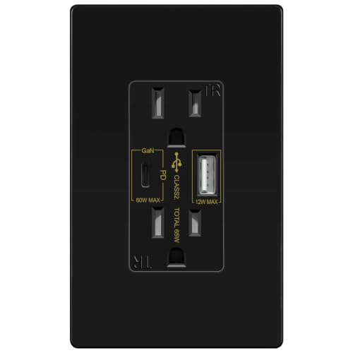 TOPGREENER GaN 65W PD USB C Outlet Receptacles, 15 Amp Wall Outlet, Black | Duplex Tamper-Resistant Receptacles, Ultra-Speed USB Outlet for Laptop, Tablet, UL Listed, Wall Plate Included, 1 Pack - color: Black