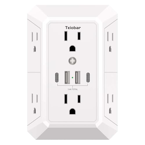 Multi Plug Wall Outlet Surge Protector with 6-Outlet & 4 USB Ports(2USB-C) | Teiobar Outlet Extender with 1680 Joules, Multiple Outlet Splitter for Home Office Dorm Room Essentials, ETL Listed, White - color: White, size: 6-Outlets/Non-Night Light