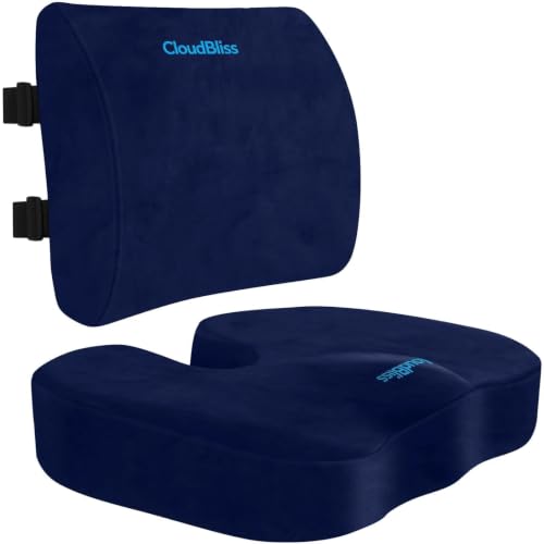 CloudBliss Ergonomic Seat Cushion & Lumbar Support Pillow Set, Blue, Large | Back Pain & Sciatica Relief, Memory Foam Support, Adjustable Straps, Machine Washable Velvet, Perfect for Office, Car, Gaming - color: Blue, size: Large