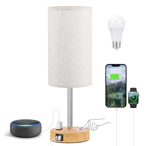 Fenmzee Touch Table Lamp - Cream, 3-Way Dimmable, USB A + C Charging, AC Outlet, 17.4inch Medium, Wood Grain Base - color: Cream Shade-Wood Base, size: 17.4" Touch Control