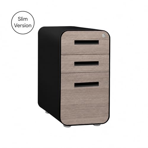 Laura Davidson Furniture Stockpile Slim 3-Drawer Mobile File Cabinet with Lock - Under Desk Metal Filing Cabinet, Legal/Letter File Folders, Wheels & Stationary Feet, Assembled, Black/Wood Faceplate - color: Black/Wood