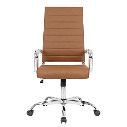 LANDSUN Home Office Chair High Back Executive Chair Ribbed Leather Computer Desk Chair with Armrests Soft Padded Adjustable Height Swivel Modern Conference Chrome Brown