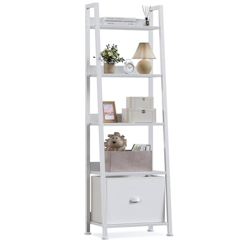 Furologee Ladder Shelf, 5 Tier Bookshelf with Fabric Drawer, White | 55.6'' Modern Tall Narrow Shelf, Display Shelving Units, Wood Metal Storage Rack for Living room, Bedroom, Kitchen, Office - color: White, size: 5-Tier, 15" W