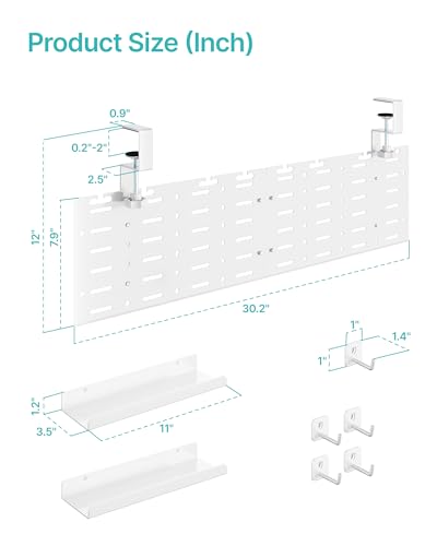 PEGZONE Under Desk Cable Management Tray, 30.2" No-Drill C-Clamp Pegboard - color: White