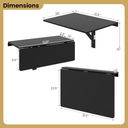 ERGOMASTER Wall Mounted Folding Desk, 31.5" Fold Down Drop Leaf Floating Murphy Desk, Space Saving Wall Table for Laundry, Home, Office & Kitchen (Black) - color: Black