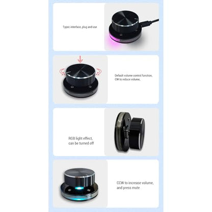 USB Volume Control Knob, Audio Remote Volume Knob with RGB Light and USB C Cable, Rotate Volume Adjustment & One Key Mute Function, Multimedia Controller for Android, PC, Phone