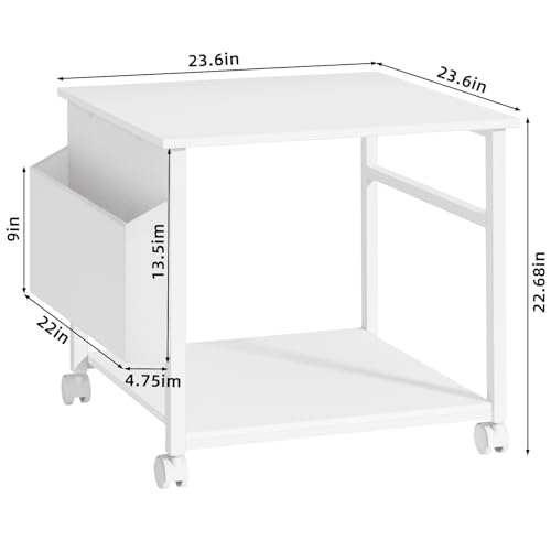 Lerliuo White Large Printer Stand with Storage | 23.6" W x 23.6" D x 22.8" H Printer Table for Home Office, Rolling Printer Cart Holder with Lockable Wheels & Side Pocket - color: White