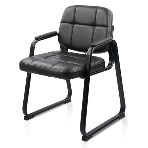 CLATINA Waiting Room Chairs with Padded Arms Leather Guest Chair no Wheels for Office Reception and Conference Desk with Sled Base Black - color: Black(sled Base), size: 1 pack