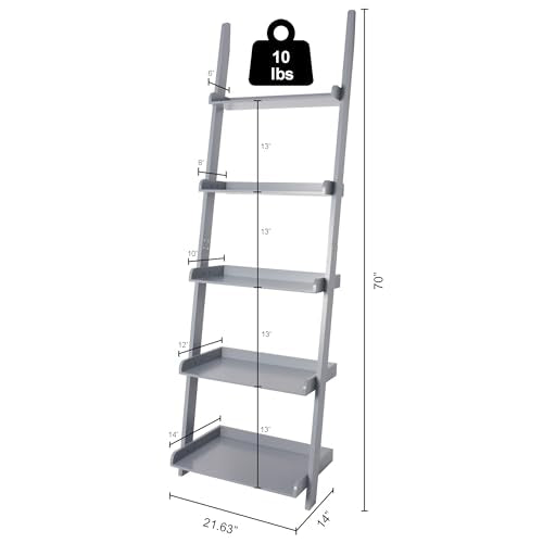 Modern 5 Tier Leaning Wall Ladder Bookshelf, Gray, 70 Inches | Storage Rack, Organizer - color: Grey
