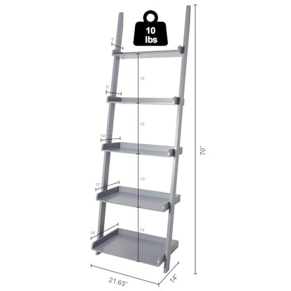 Modern 5 Tier Leaning Wall Ladder Bookshelf, Gray, 70 Inches | Storage Rack, Organizer - color: Grey