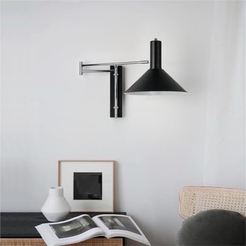 Modern Industrial Black Conical Shade Wall Sconce Minimalist Adjustable Swing Arm Lamp Chrome Metal Accent Mount Light Fixture for Bedroom Living