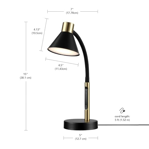 Globe Electric 62000034 15" LED Integrated Desk Lamp, Matte Black, Brass Accent, Adjustable Gooseneck, Dimmable, 3 Color Temperature, 7.5W, 90 CRI, 400 Lumens, Reading Light, Dorm Room Essentials - color: Matte Black, Albert