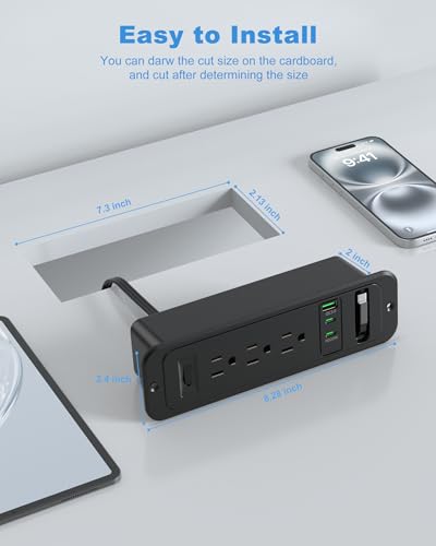 Recessed Power Strip with Retractable USB C Cable,2 PD 20W USB C,Flush Mount Countertop Drawer Outlet, Furniture Hidden Outlet for Side Table,End Table,3 Outlets (Black, 6FT-20W USB) - color: Black, size: 6FT-20W USB