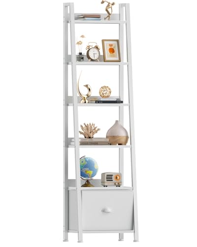 Furologee 6 Tier Ladder Shelf,Ladder Bookshelf with Drawer,Modern Tall Bookcase,Storage Rack Organizer,Wood Metal Freestanding Shelves for Living Room, Home Office, Bedroom, White - color: White, size: 6-Tier, 15" W