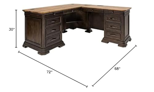 Bowery Hill Executive L-Desk & Return, 68 x 72 x 30 in, Solid Wood Plank Top, Brown Finish, Two-Tone Design, Antique Bronze Hardware, Dropfront Drawer, AC/USB Power Center, Fully Assembled Office Desk