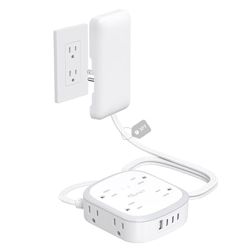 Outlet Cover 3FT Short Extension Cord, Surge Protector Power Strip - size: 8AC-3FT(3 Prong)
