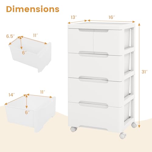 5-Drawer Plastic Rolling Storage Cart (16"x13"x31") | Mobile Storage Cabinet | Vertical Storage Tower Container Unit | 4 Universal Wheels | For Living Room, Home Office - size: 16”x13”x31” (5 Drawers)