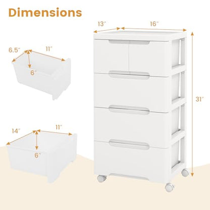 5-Drawer Plastic Rolling Storage Cart (16"x13"x31") | Mobile Storage Cabinet | Vertical Storage Tower Container Unit | 4 Universal Wheels | For Living Room, Home Office - size: 16”x13”x31” (5 Drawers)