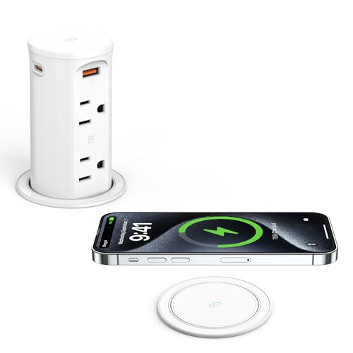 Pop Up Outlet for Countertop with 15W Wireless Charging Pad,20W USB C,Recessed Power Strip 2.5-Inch Hole,Tamper Resistant Receptacle,4 USB,4 Outlets for Kitchen,Office Desk,ETL Listed (White) - color: White