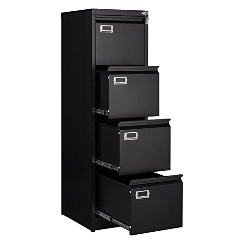 4 Drawer File Cabinet, Filing Cabinets for Home Office, Metal Vertical File Storage Cabinet with Lock, Locking File Cabinet for A4 Legal/Letter, 15" W x 17.7" D x 50.1" H, Assembly Required - color: Black, size: 4 Drawer (Stationary)