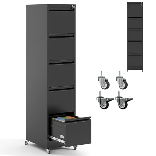 IKIMI 5 Drawer Mobile File Cabinet with Lock,Black Metal Filing Cabinets - color: Black, size: 5 Drawers with Wheels