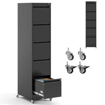 IKIMI 5 Drawer Mobile File Cabinet with Lock,Black Metal Filing Cabinets - color: Black, size: 5 Drawers with Wheels