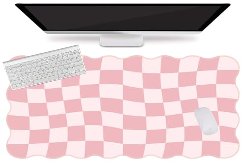 L-SPOUTTO Pink Mouse Pad,Geometric Desk Mat XXL Large Scalloped Gaming Mousepad,35.4x15.7in Non-Slip Rubber Base Keyboard Pad Waterproof Desktop Mat for Laptop Computer Game Home Office-Checkered - color: Pink Checkered