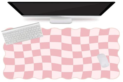 L-SPOUTTO Pink Mouse Pad,Geometric Desk Mat XXL Large Scalloped Gaming Mousepad,35.4x15.7in Non-Slip Rubber Base Keyboard Pad Waterproof Desktop Mat for Laptop Computer Game Home Office-Checkered - color: Pink Checkered