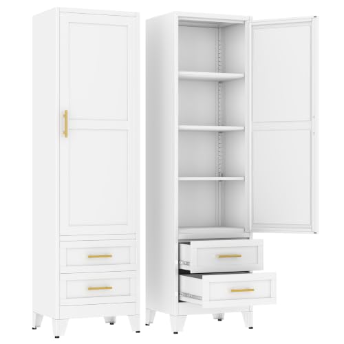 Metal Tall Narrow Storage Cabinet,Freestanding Floor Cabinet with 2 Drawers and 3 Adjustable Shelves,Pantry Storage Cabinets for Bathroom,Living Room,Entryway and Kitchen,White - color: White, size: 67H-two draws