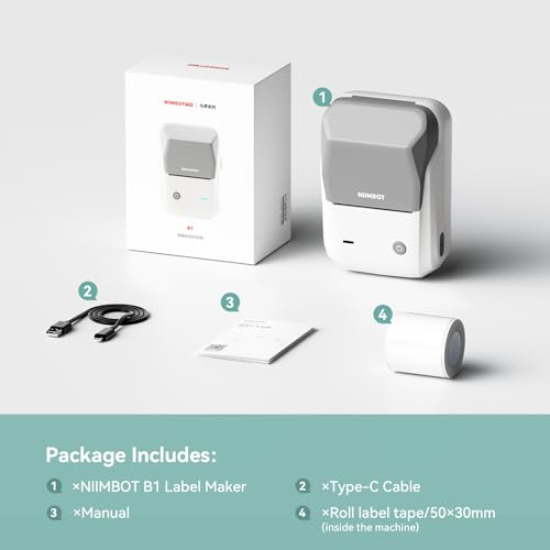 NIIMBOT B1 Label Maker Machine with Tape for Home and School, Gray White | 2 Inch Portable Label Printer Bluetooth Thermal Sticker Printer for Small Business Labeling, Compatible with Phones & PC - color: Gray White, style: Printer+Tape