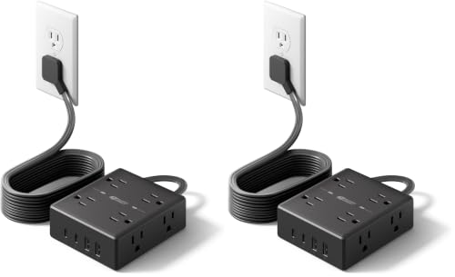 SUPERDANNY Extension Cord,Flat Plug Surge Protector Power Strip,10Ft (Pack of 2) - color: Black, size: 10FT-15W Standard Charge (Pack of 2)