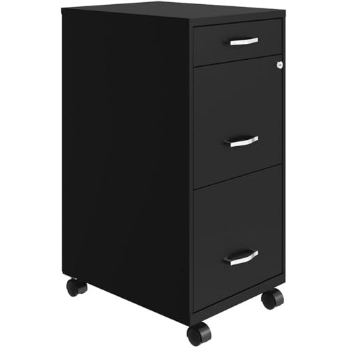 Pemberly Row Mobile Metal Vertical Filing Cabinet, 18" Deep, 3 Drawer, Black Finish, Compact Rectangle Design with Casters, Lockable Storage for Letter Files and Office Supplies, Suitable for Home or - color: Black