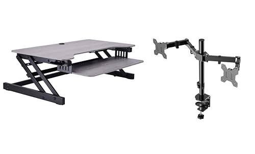 Rocelco 37.5" Height Adjustable Standing Desk Converter with Dual Monitor Mount and Slide Out Retractable Keyboard Tray - Sit Stand Up Double Screen Tabletop Riser Workstation - Gray (R DADRG-DM2) - color: Gray, size: 37.5", style: Riser+Dual Mount