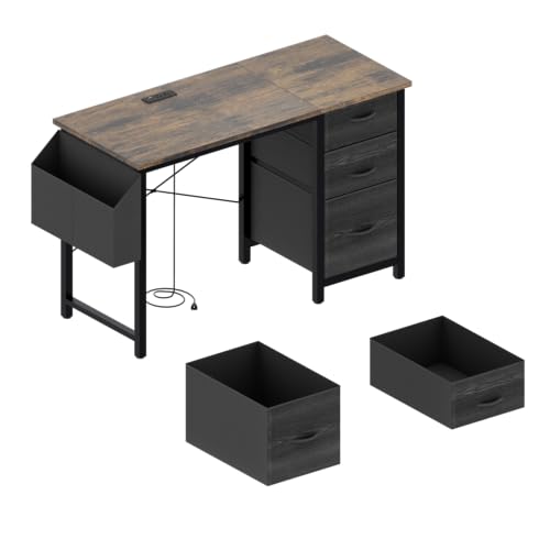 Office Desk with Power Outlet,3drawers and Side Pocket, Easy to Assemble,Frame Stability Reversible for Home Office Study,Rustic Brown