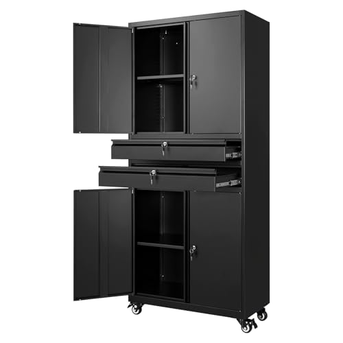 Metal Garage Storage Cabinet with Locking Doors and Adjustable Shelves, 74" Rolling Tool Storage Cabinet with 4 Wheels and 2 Drawer for Garage,Warehouse - color: Black, size: 4 Wheel - 2 Drawer - 74"H