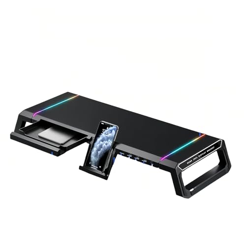 RGB Monitor Stand Riser with USB Hub & Storage Drawer, Black | Foldable design, 4 USB ports, phone & tablet holder, supports up to 72 lb, ergonomic viewing, cleaner workspace - color: Black
