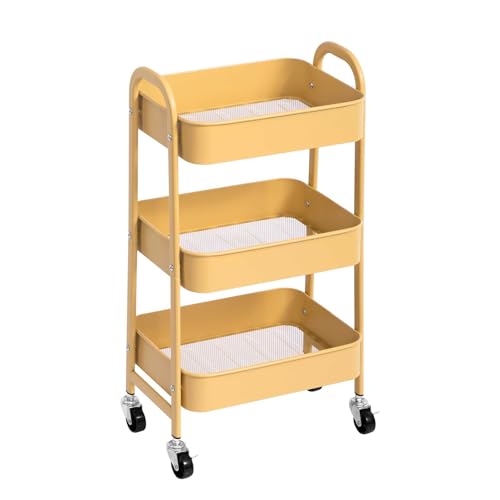 AGTEK 3 Tier Rolling Cart with Lockable Wheels, Metal Utility Cart, Multifunctional Storage for Kitchen, Office, Living Room, Makeup, Craft, Art Studio, Khaki - color: Khaki
