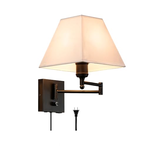Swinging arm wall lamp, Fabric lampshade, with Plug and dimming Rotary Switch, USB and Type-C Charging Port, Suitable for Bedside, Living Room, Hotel and Bedroom wall Lamps - color: White square lampshade