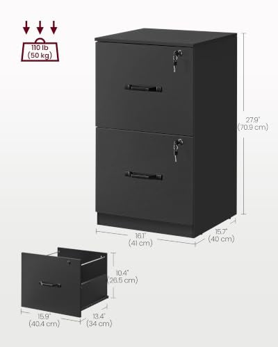 VASAGLE 2 Drawer File Cabinet with Locks, for A4, Letter Sized Documents - color: Ink Black, size: 2 Drawers
