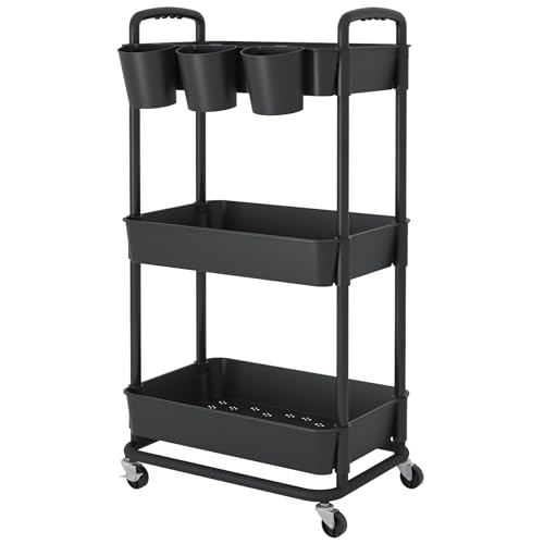 3-Tier Plastic Rolling Storage Cart Utility Cart Black | Utility Cart with Extra Hanging Cups Arc-Shaped Handles Lockable Wheels for Living Room Bathroom Kitchen Office - color: Black, size: 3-Tier