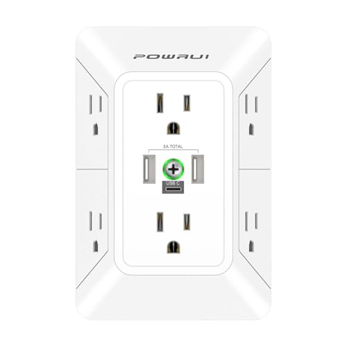 3 Sided Surge Protector Power Strip - POWRUI 6 Outlet Extender with 3 USB Charging Ports(1 USB C), Multi Plug Wall Adapter Outlet Splitter for Home Travel Office, White - color: White(6Outlets/Non-Night Light), size: 2U1C