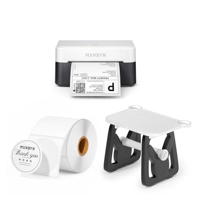 MUNBYN RW403B Bluetooth Thermal Label Printer+2 Inch Circle Thermal Sticker Labels+Label Holder for Rolls and Fanfold Labels