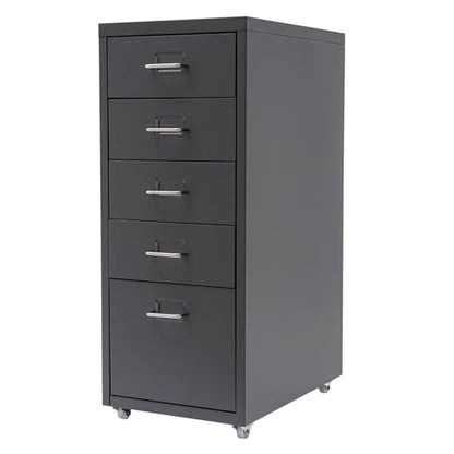 Metal Filing Cabinet with Wheels, 5 Drawers Mobile Storage Cabinet Small Printer Stand Vertical Organizer for Home Office - color: Grey