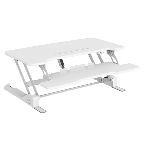 Mount-It! Electric Standing Desk Converter White 38 Inch Wide Tabletop, Stand up Desk Riser, Height Adjustable Sit Stand Desk, Fits Dual Monitors, Keyboard Tray, Device Slot, Monitor & Laptop - color: White