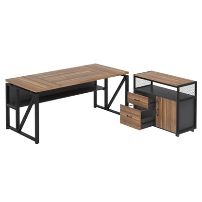 Tribesigns 63" Executive Desk with Reversible File Cabinet, Large L-Shaped Office Desk with Drawers, Business Furniture Workstation for Home Office - color: Walnut