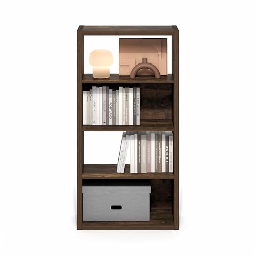 Furinno Viola Book Shelf, 4-Tier Bookshelf, Extra Thick Frame Bookcase with Open Shelf, Open Back Design, 11.3" x 23.2" x 45.4", for Living Room, Bedroom, Home Office, Amber Pine - color: Amber Pine, size: 4-Tier, Thick Frame