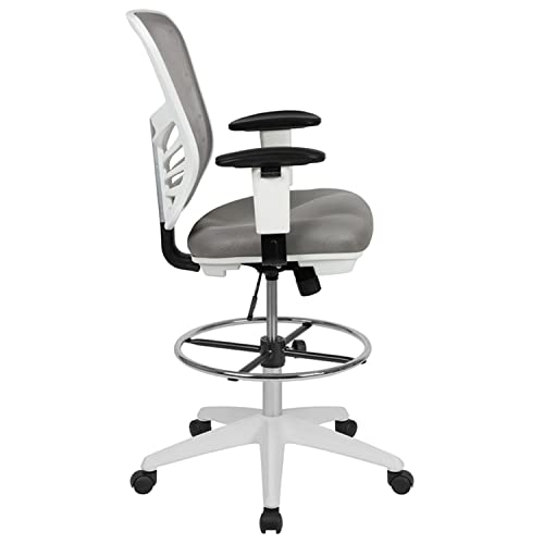 Flash Furniture Tyler Mid-Back Light Gray Mesh Ergonomic Drafting Chair with Adjustable Chrome Foot Ring, Adjustable Arms and White Frame - color: Light Gray Mesh/White Frame